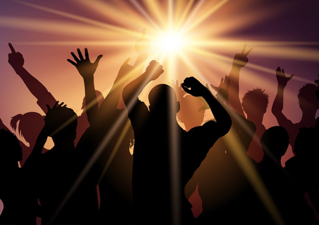 Silhouette of a party crowd on a sunburst background